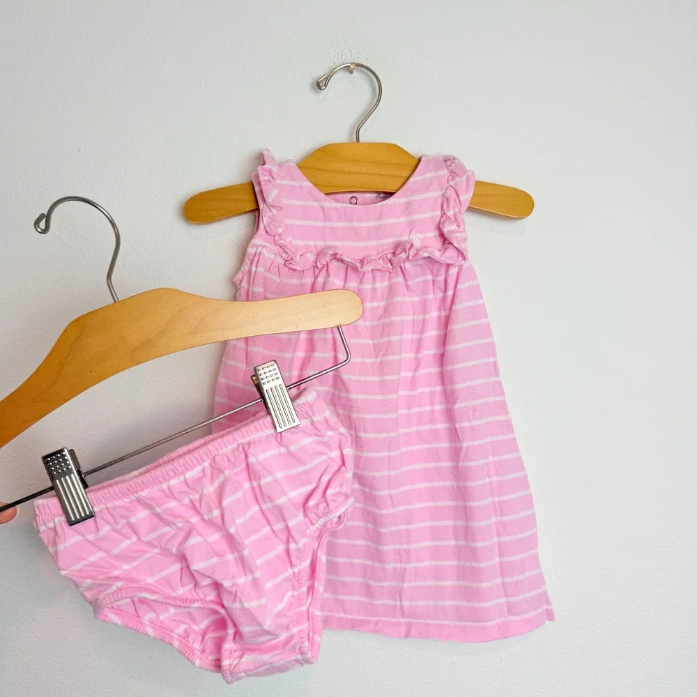 Ralph Lauren Baby Girls Pink White Striped Ruffle Dress & Diaper Cover Set 12M